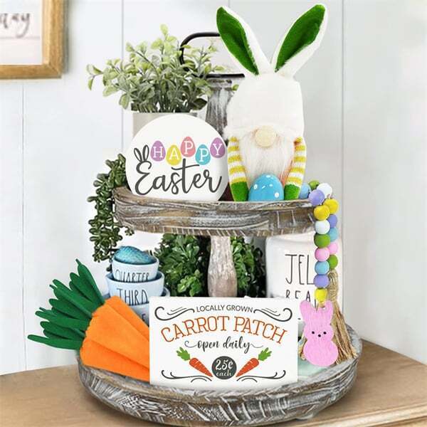 Pygmy Rabbit with 2 Wooden Signs and 3 Carrots Set - Easter Tray Set