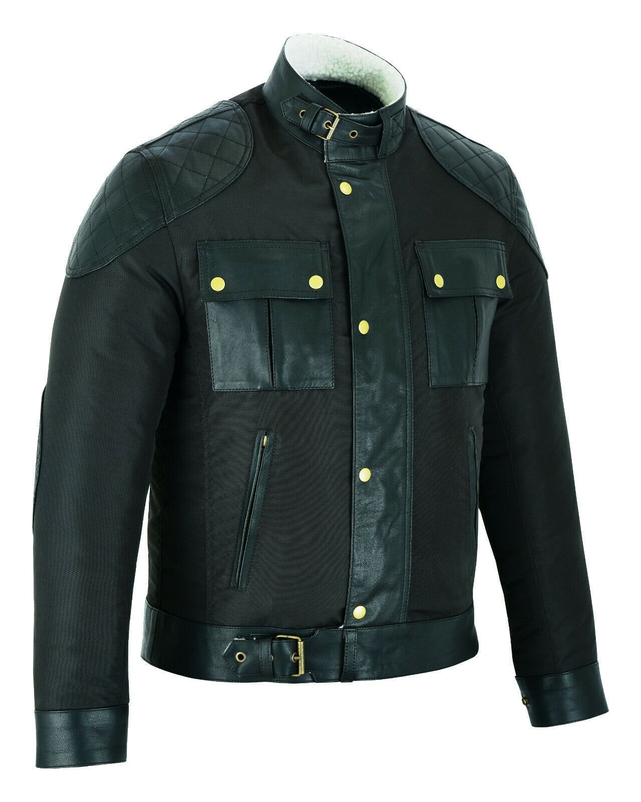 Mens Fabric Fashion Jacket Biker Style with Cream Fur & Leather Taslan Sheepskin