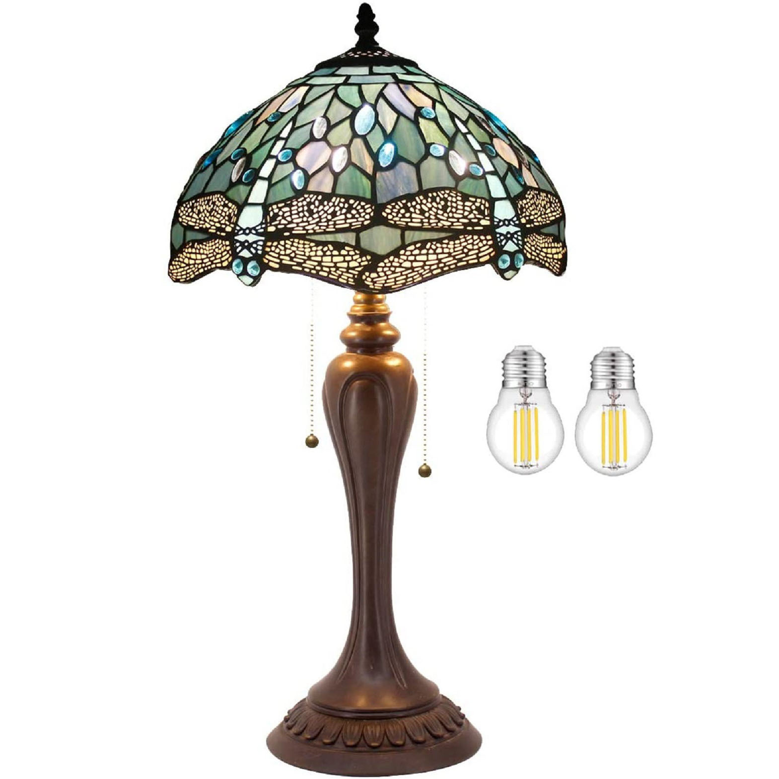 Brunswick Tiffany Table Lamp Sea Blue Stained Glass Dragonfly Style Teal Shade Resin Base 22