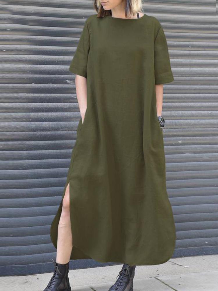 Women's Cotton And Linen Round Neck Side-Slit Maxi Dress