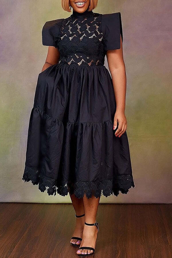Plus Size Lace Stitching Ruffle Sleeve Babydoll Dress(No pockets)