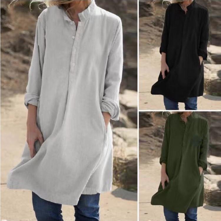 Cotton and Linen Button-up Dress With Long Sleeves