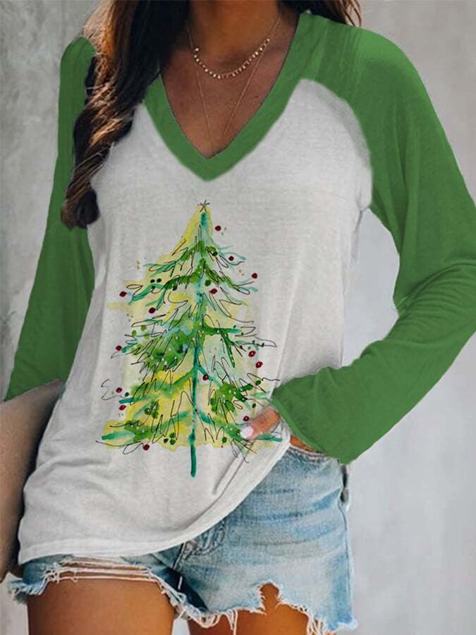 Women's Watercolor Christmas Tree🎄 Print Casual Long-Sleeve T-Shirt