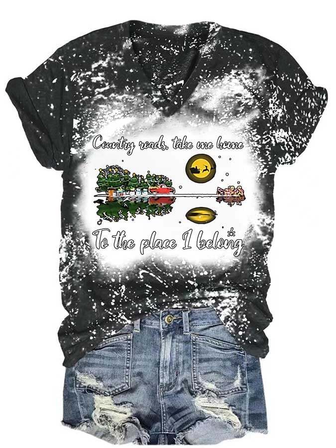 Christmas Country Roads Take Me Home Guitar Lake V Neck Print T-Shirt
