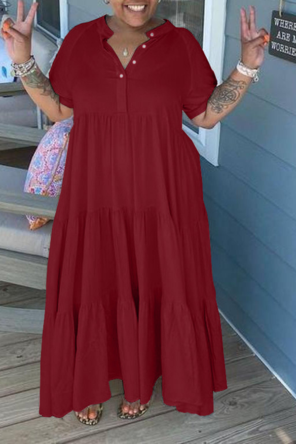 V-neck Buttons Pleated Swing Maxi Dress