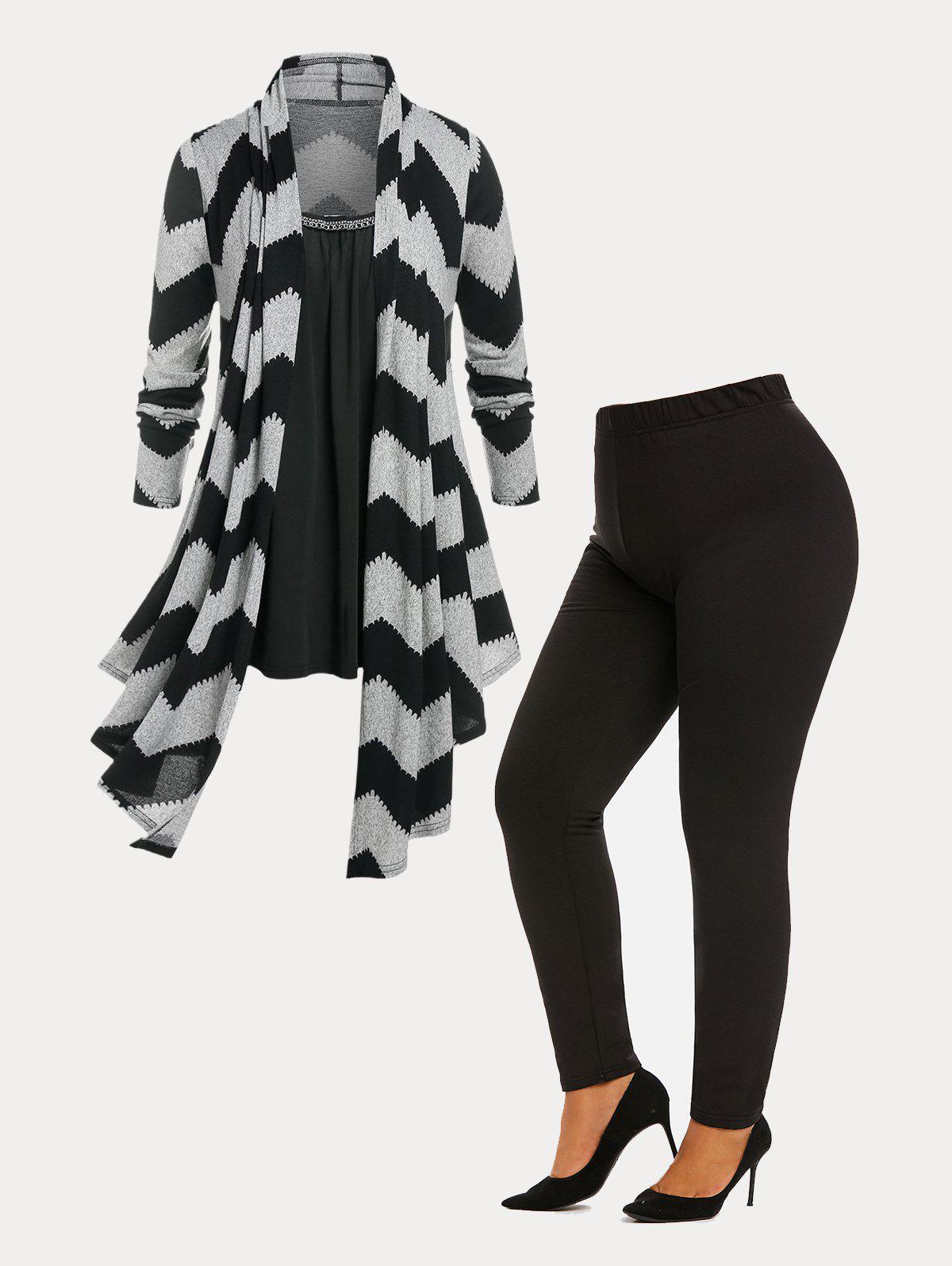 Asymmetric  Zigzag Cardigan Set and Flocking Lined Leggings Plus Size Outfit