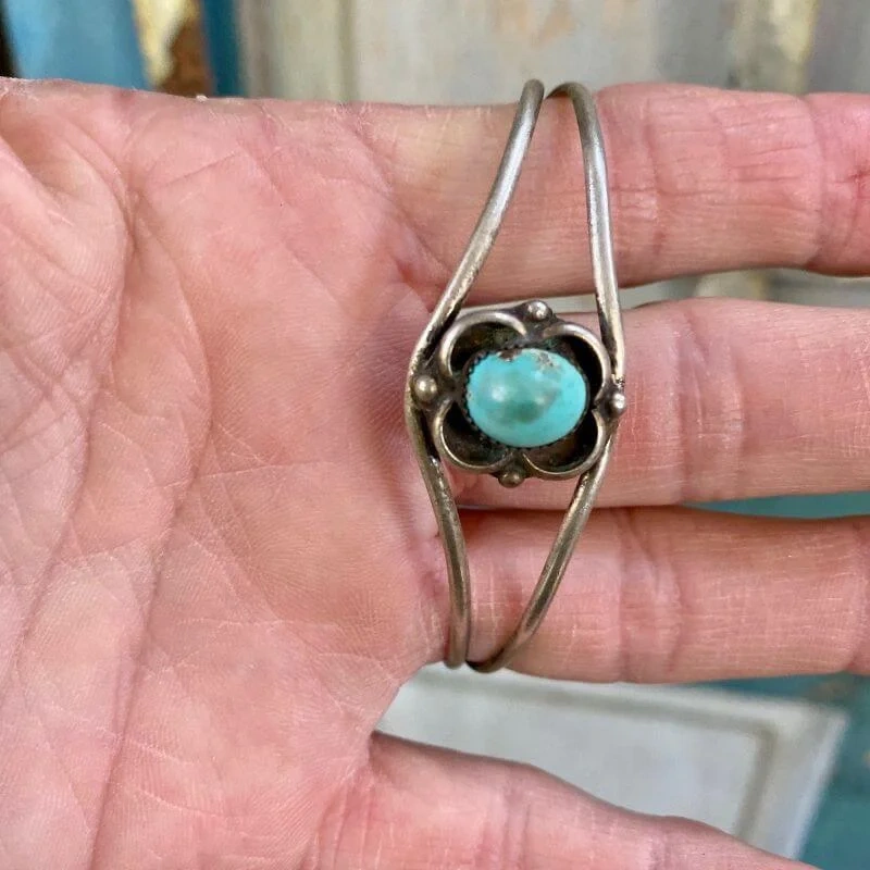 Signed Navajo Pale Blue Turquoise Cuff Bracelet in Sterling Silver