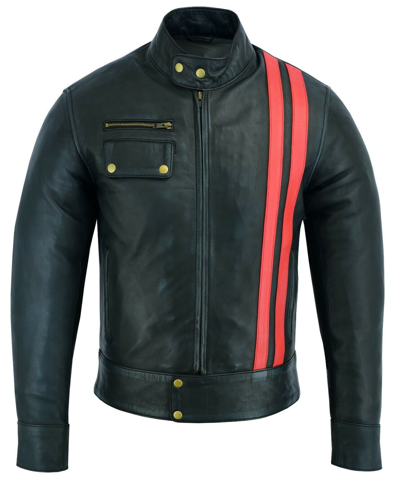 Black Smart Cafe Racer Retro Style Red Striped Biker Leather Jacket Motorcycle