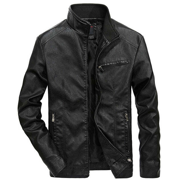 Mens Stand Collar Straight Casual Slim Faux Leather Jacket