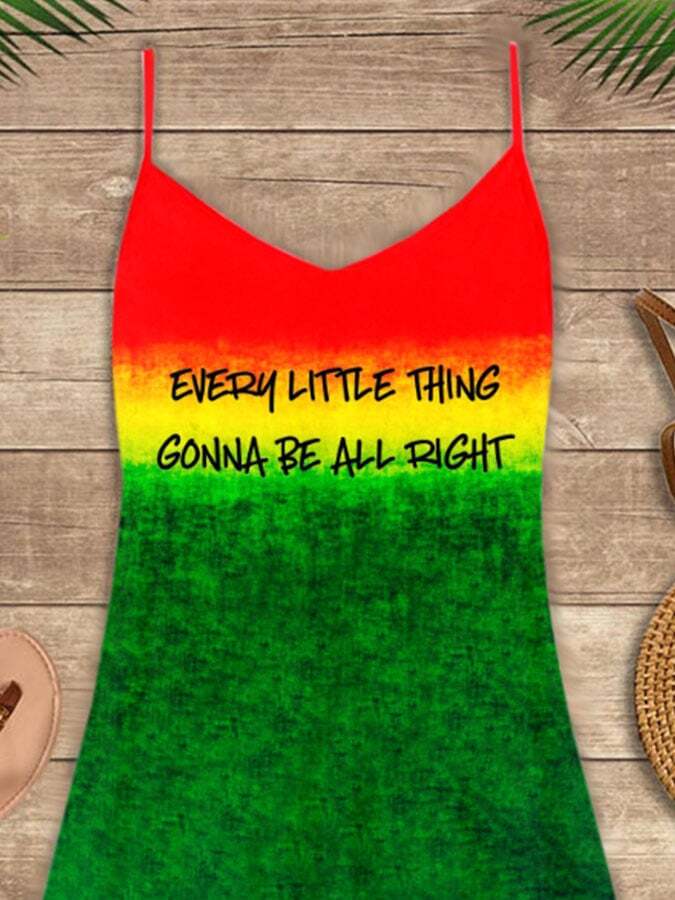 Hippie Every Little Thing Gonna Be Alright Print Spaghetti Strap Dress &Swimsuit Coverup