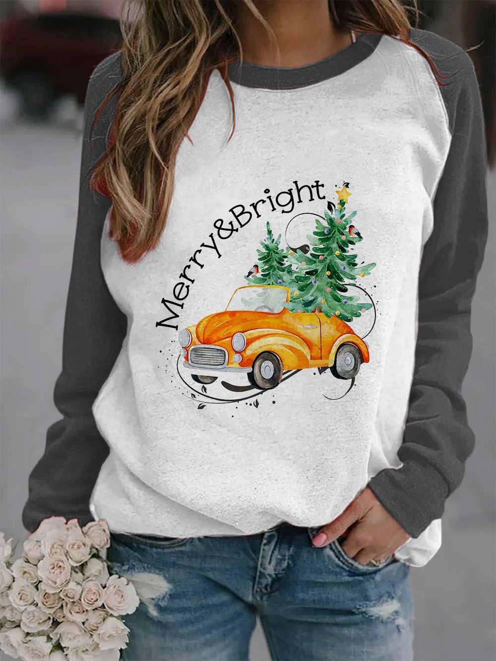 Women's Merry And Bright Christmas Tree🎄&Car Print Casual Sweatshirt