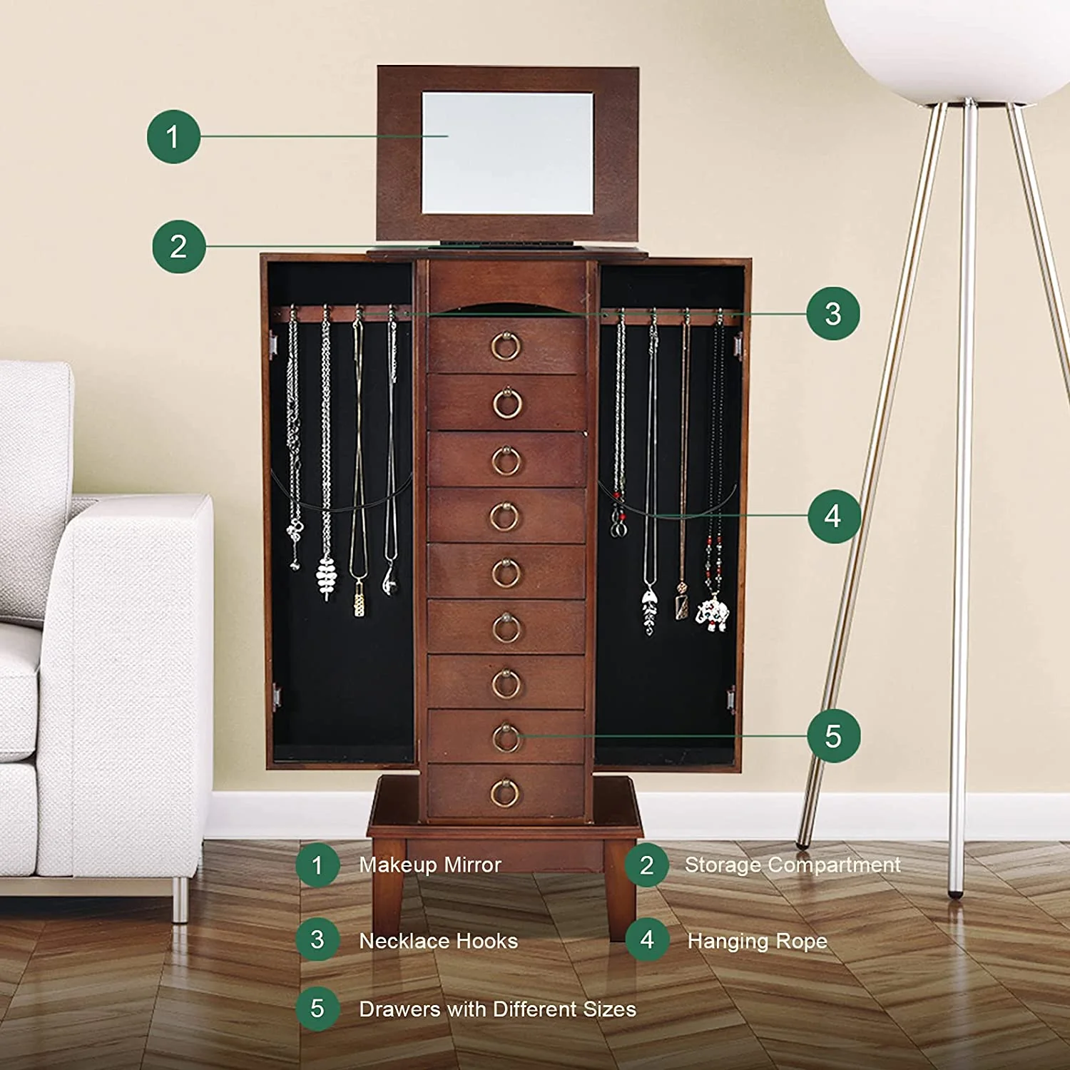 Wooden Jewelry Armoire Storage Cabinet Chest Organizer with Flip Top Mirror and 6 Removable Drawers