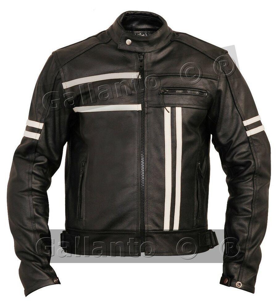 Cafe Racer Black Cruiser Motorcycle Leather Jacket Creme Stripe