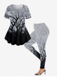 3D Trees Printed Tee and 3D Tree Printed Colorblock Leggings Plus Size Matching Set
