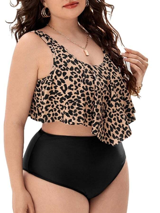 Sexy Leopard Print Plus Size High Waist Bikini Swimsuit
