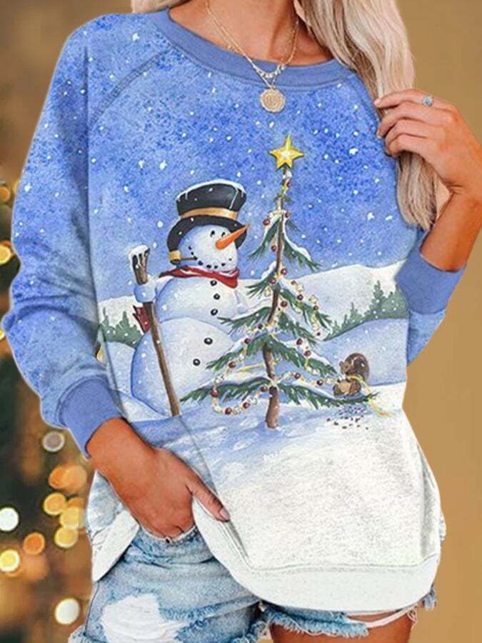 Women's Merry Christmas Christmas Snowman Print Casual Crew Neck Loose Sweatshirts